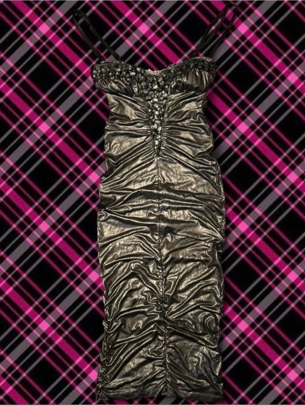 Metallic Ruched Bodycon Dress with Embellished Bust